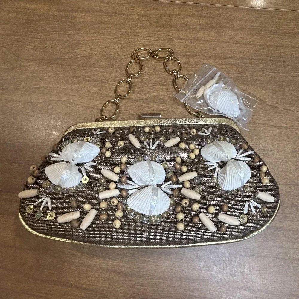 Rafe Clutch‎ Bag Womens Small Brown Straw Shell Beaded Chain Beach Purse